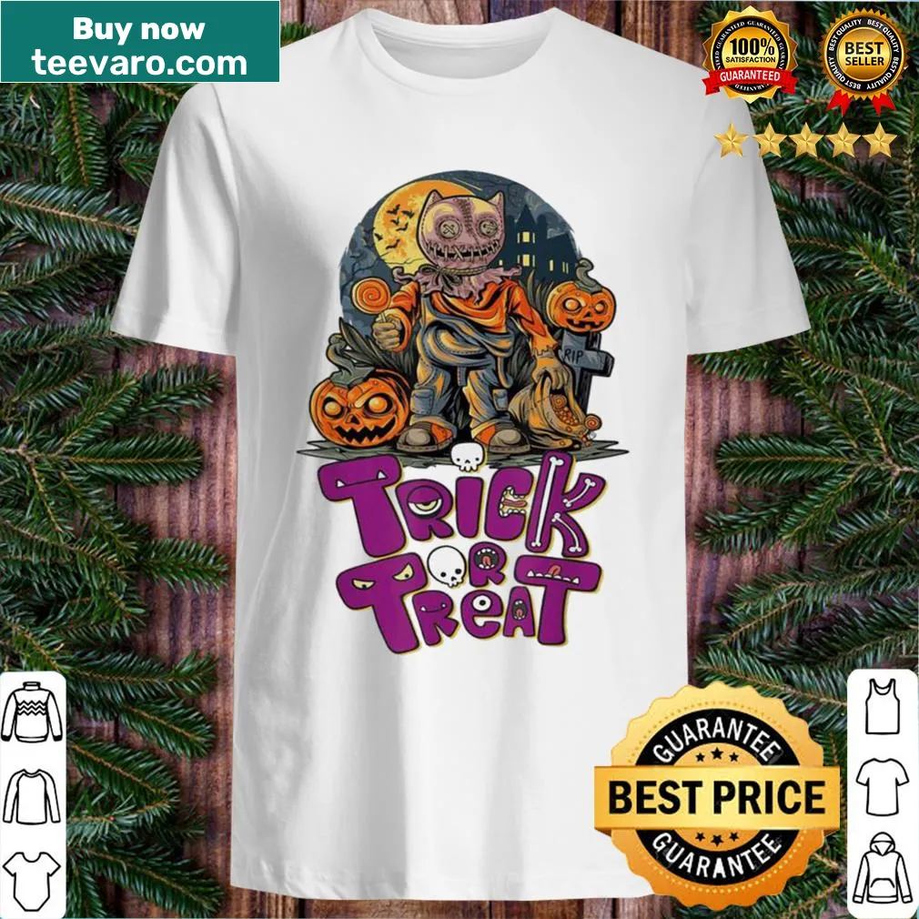 Cartoon pumpkin T-shirt celebrating Halloween and trick-or-treating.
