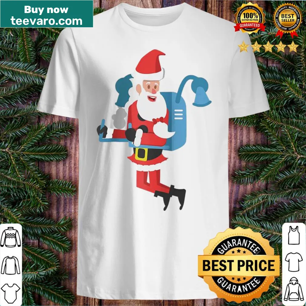 Santa delivering presents with modern tools on a baseball tee