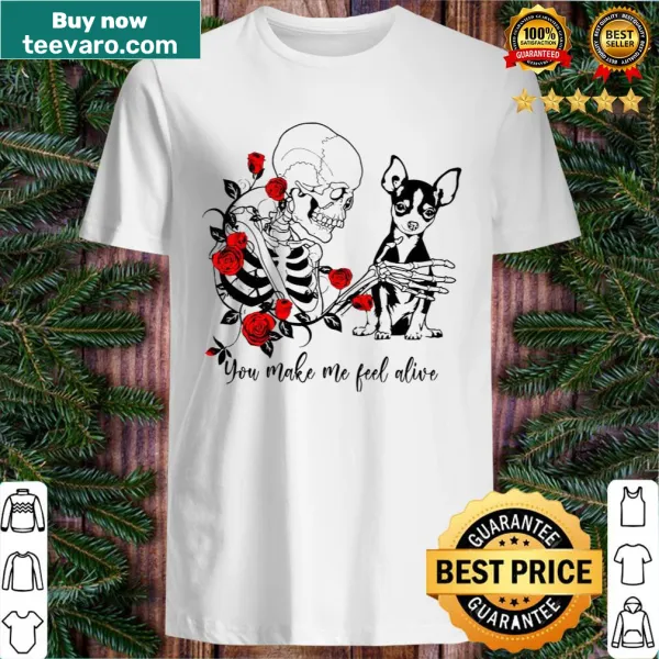 Illustrated t-shirt with a skeleton chihuahua and a fun saying