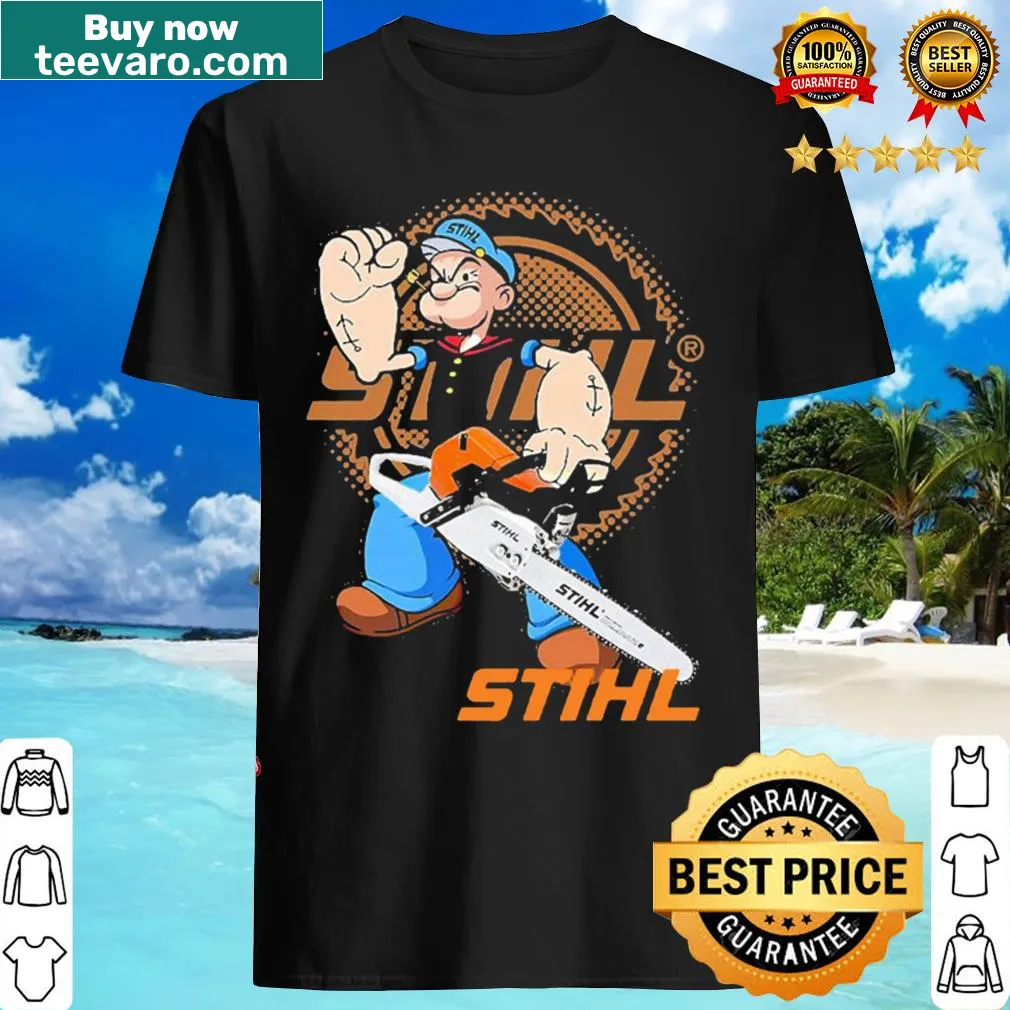 Illustration of Popeye and Bluto hugging with Stihl logo on a fun t-shirt
