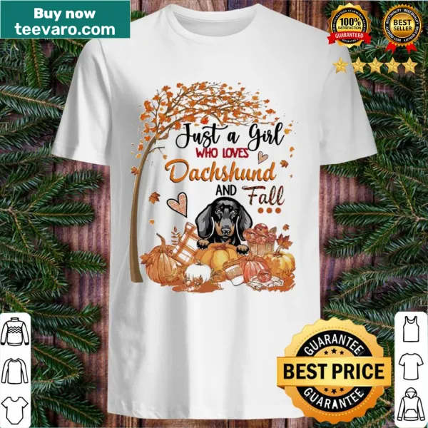 Illustration of a girl with a dachshund and autumn leaves