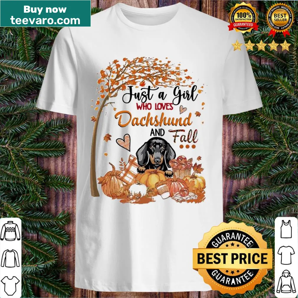 Illustration of a girl with a dachshund and autumn leaves
