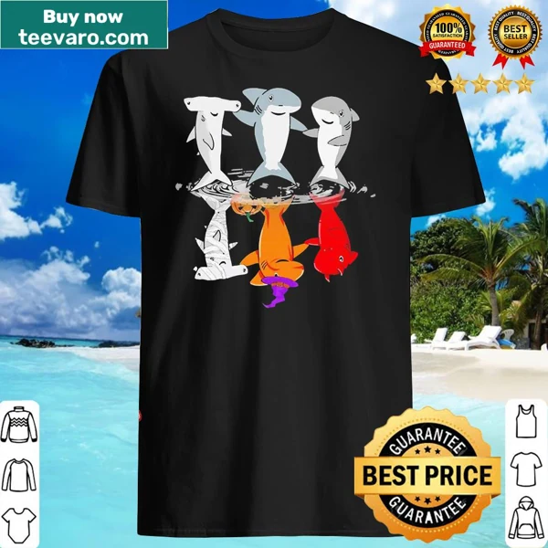 Playful cartoon sharks upside down on a Halloween T-shirt
