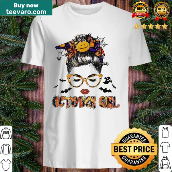 Whimsical woman’s face graphic on an October-themed t-shirt