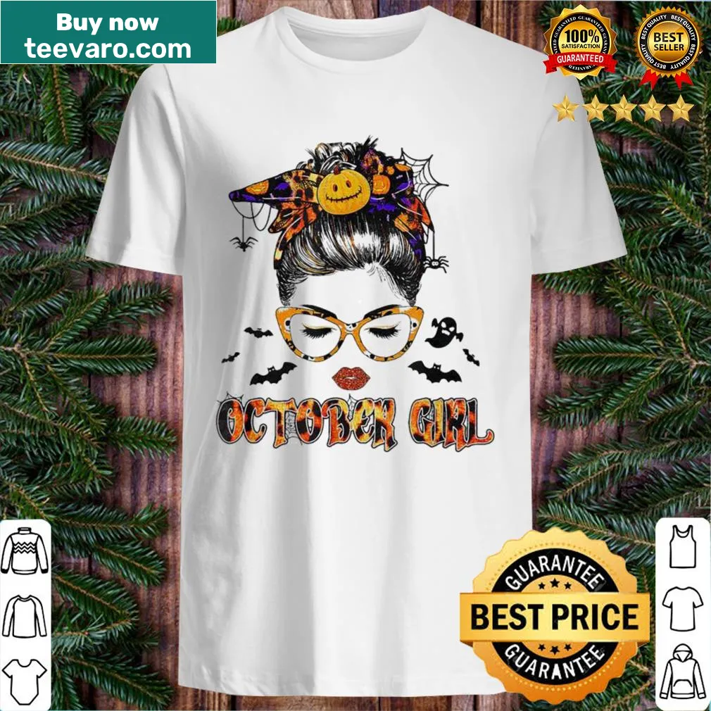 Whimsical woman’s face graphic on an October-themed t-shirt
