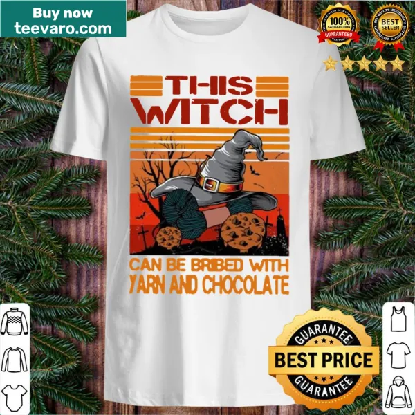 Vintage-style t-shirt featuring a witch bribe with yarn and chocolate