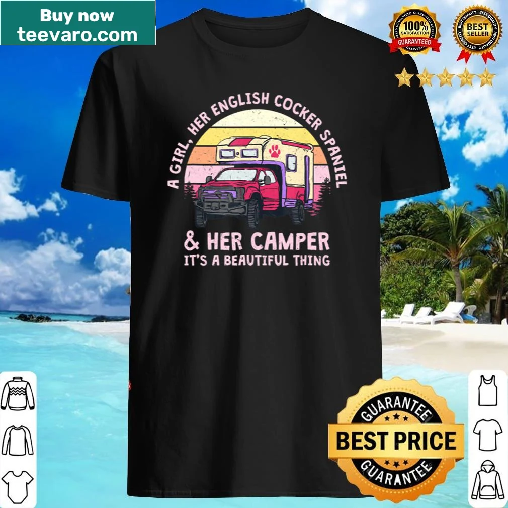 Illustration of a girl and her English Cocker Spaniel next to a camper