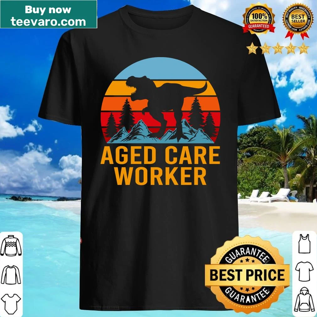 Fun dinosaur graphic shirt for aged care workers with playful text