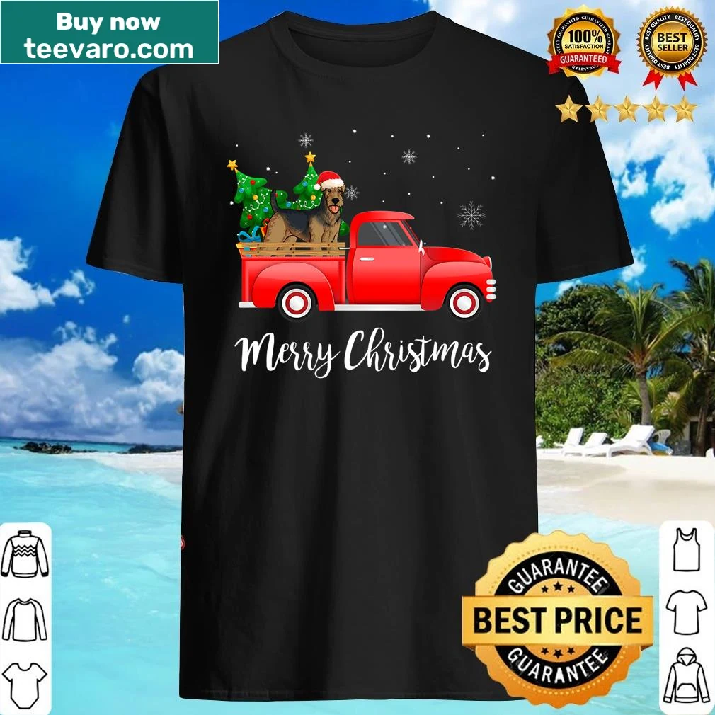 Illustration of an Airedale Terrier in a red truck for Christmas