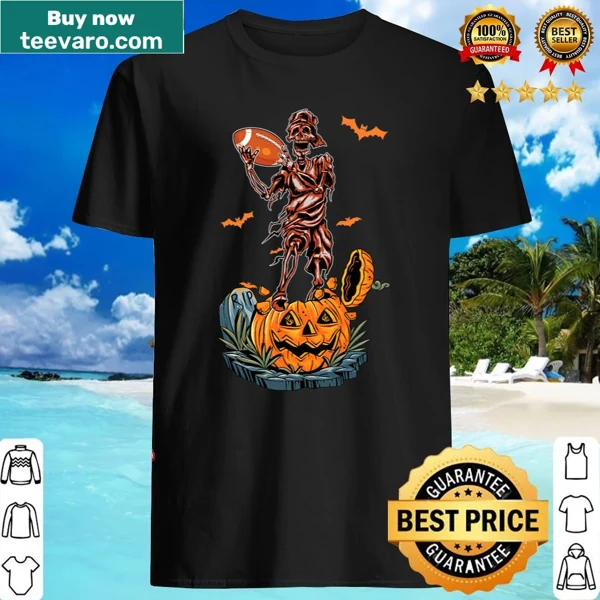 Skeleton in football gear with Halloween elements like pumpkins and bats.