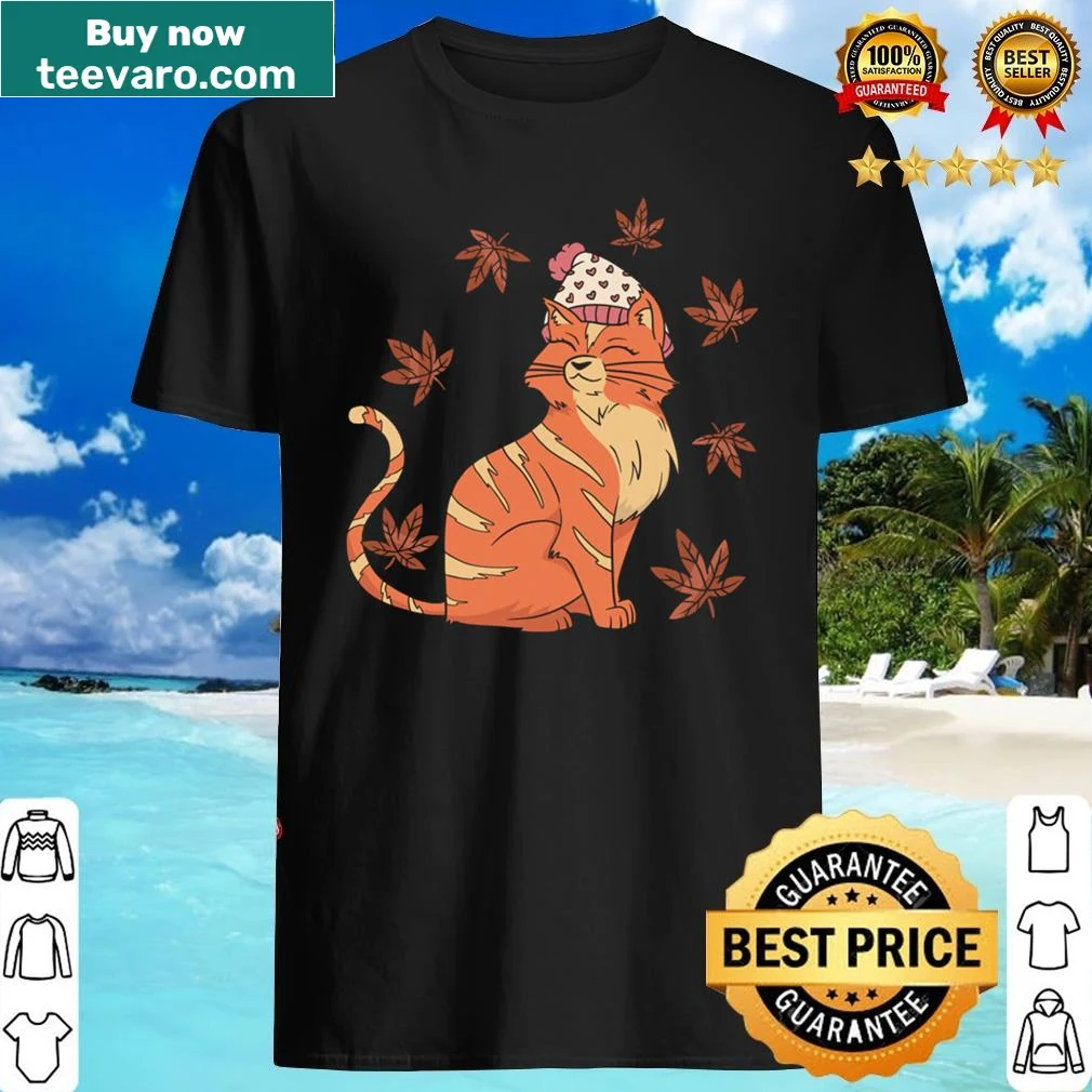 Charming autumn-themed shirt for cat lovers featuring fall leaves