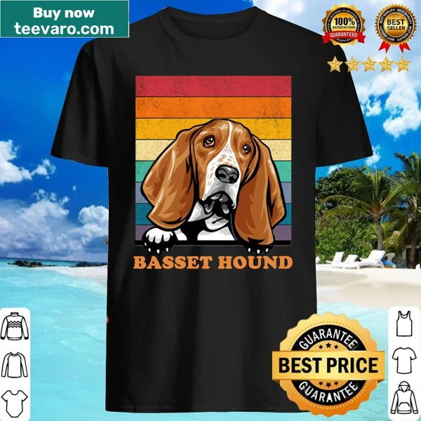 Vintage distressed shirt featuring a basset hound and retro sunset design