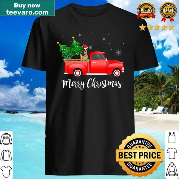 Basset Hound riding in red truck Christmas shirt