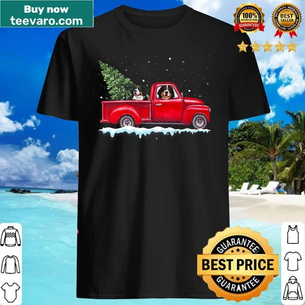 Shirt with a Bernese Mountain Dog in a red truck with Christmas tree