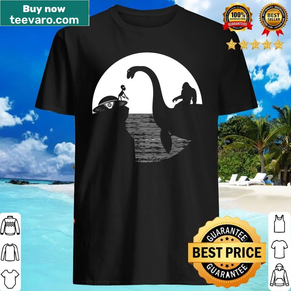 Cartoon shirt of Bigfoot riding the Loch Ness Monster