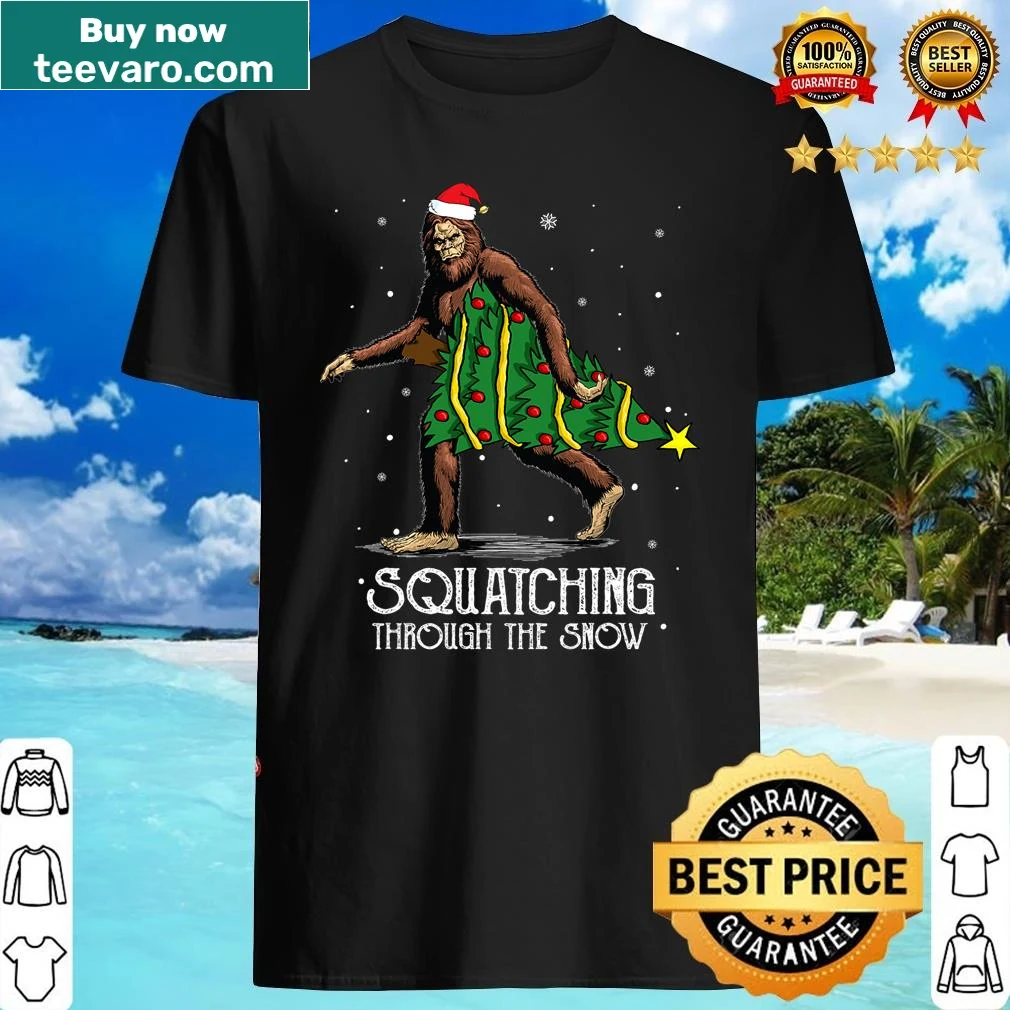 Bigfoot-themed shirt with a Christmas tree in a snowy scene