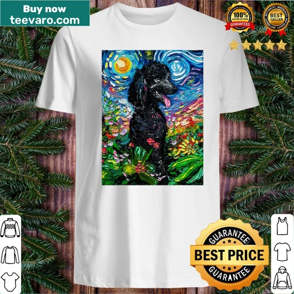 Shirt featuring a black Poodle in a starry night flower garden illustration.