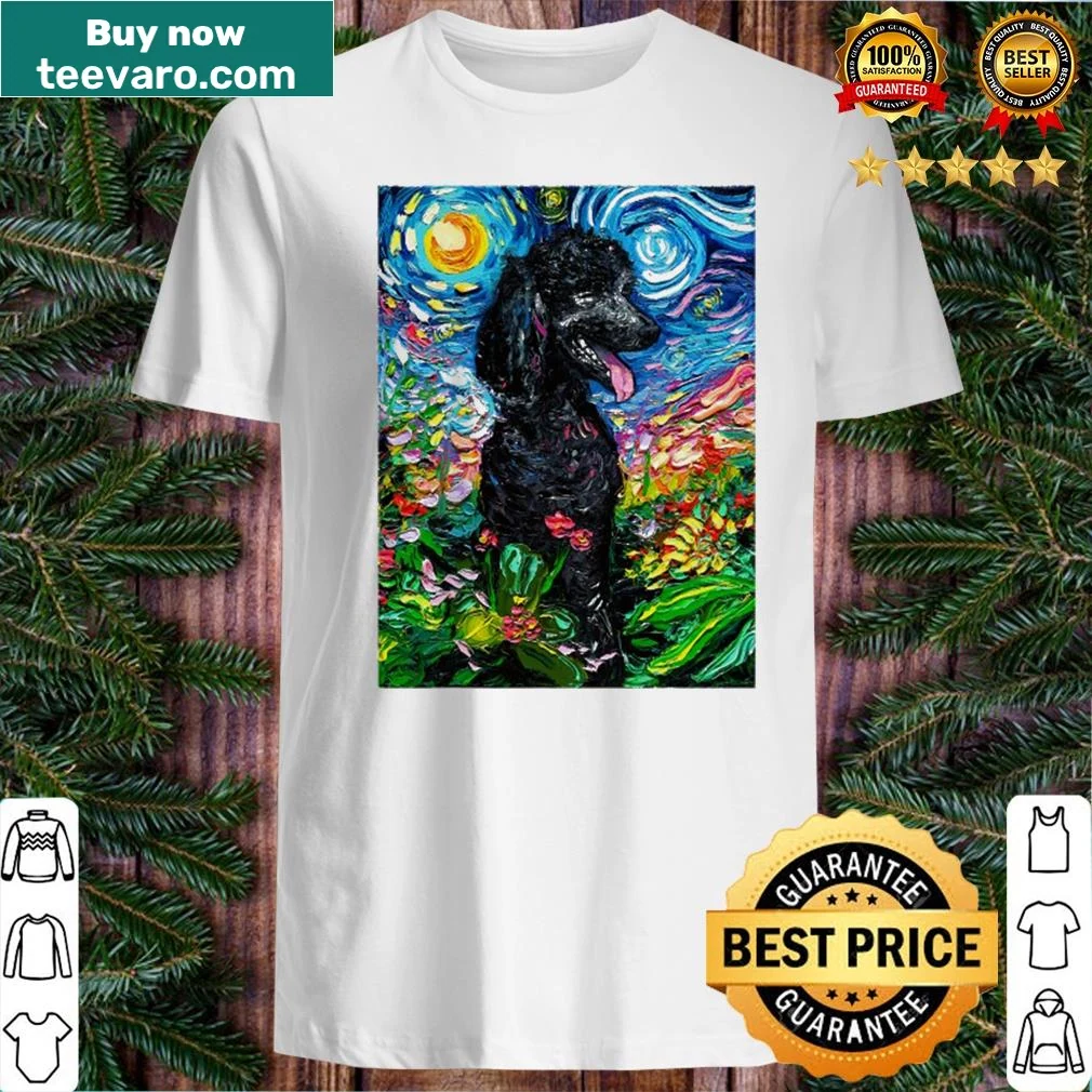 Shirt featuring a black Poodle in a starry night flower garden illustration.