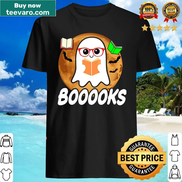 Cute ghost holding books in a Halloween-themed teacher shirt