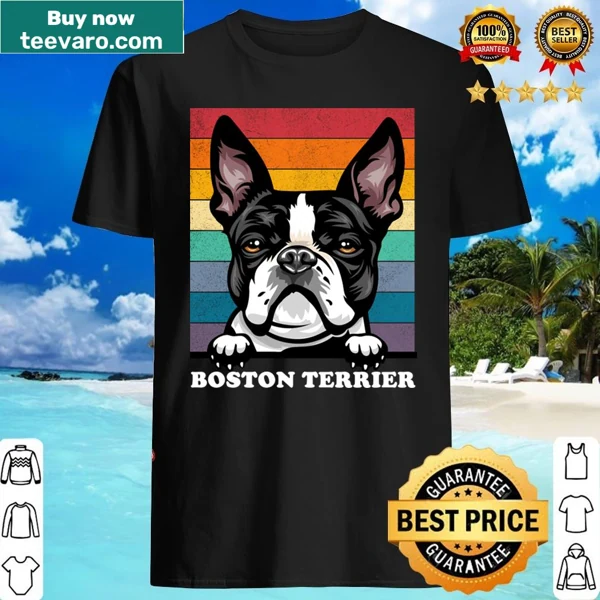 Retro sunset shirt showcasing a Boston Terrier face in distressed design.