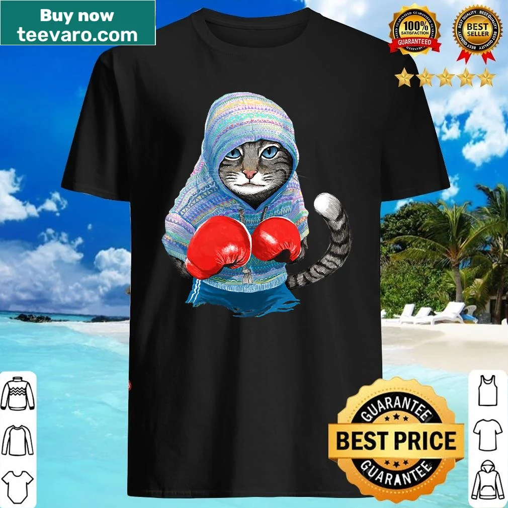 Adorable boxing cat graphic on a casual shirt