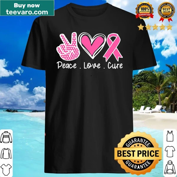 Breast cancer awareness shirt with symbols of peace, love, and faith.