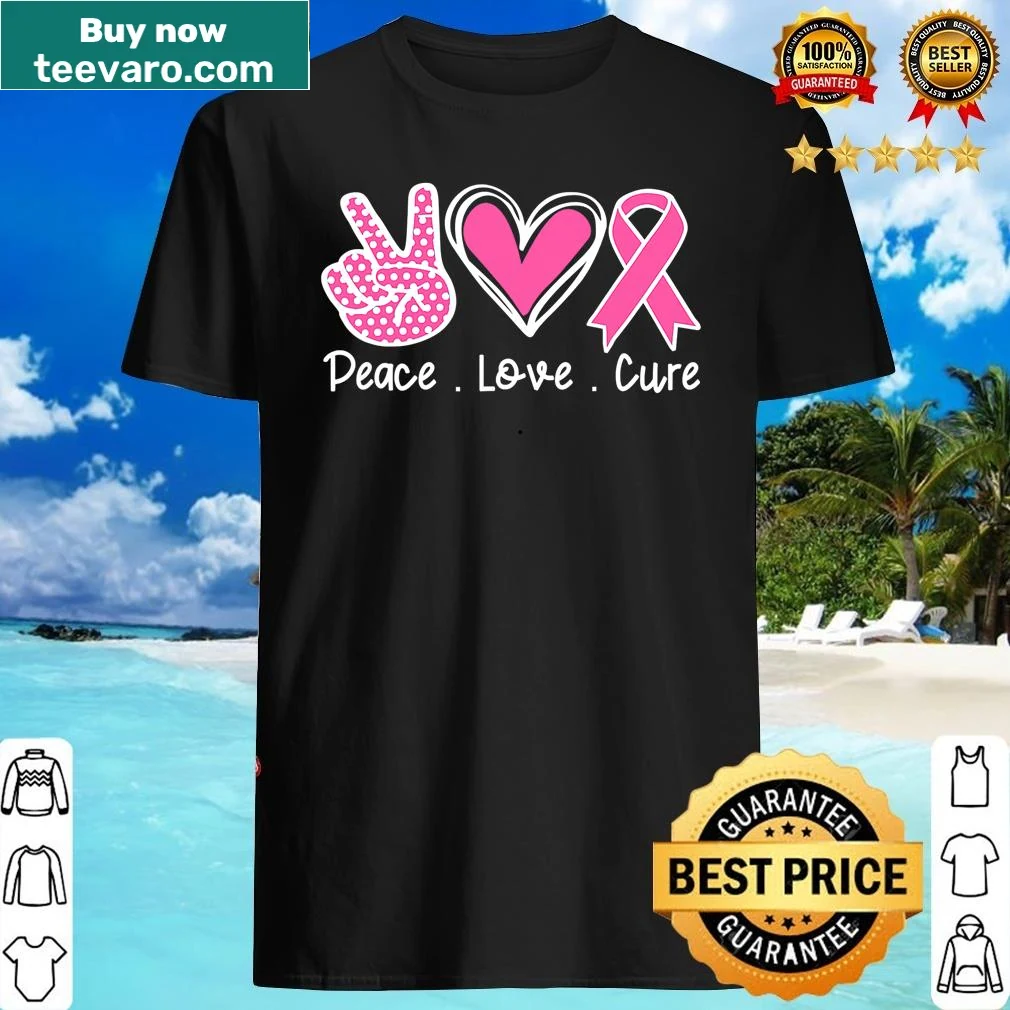 Breast cancer awareness shirt with symbols of peace, love, and faith.