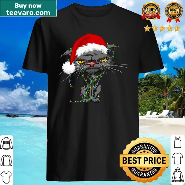 Grumpy cat in Santa hat surrounded by Christmas lights on a shirt