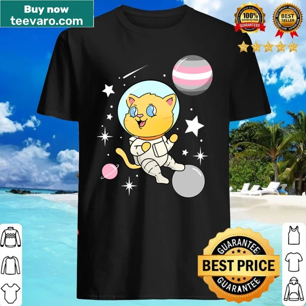 Shirt with a cat in space graphic for demigirls