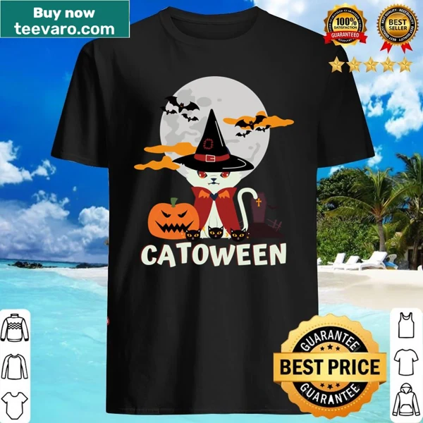 Happy Halloween Catoween t-shirt with whimsical cat illustration