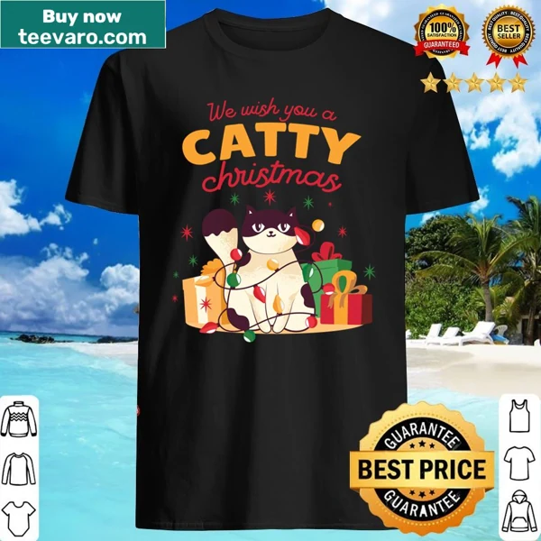 Cat tangled in Christmas lights illustration shirt
