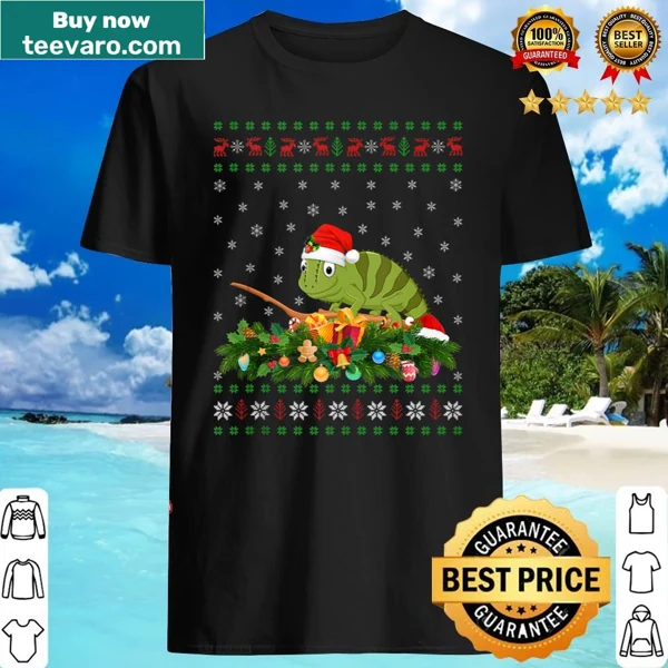 Chameleon in a Santa hat on an ugly Christmas shirt