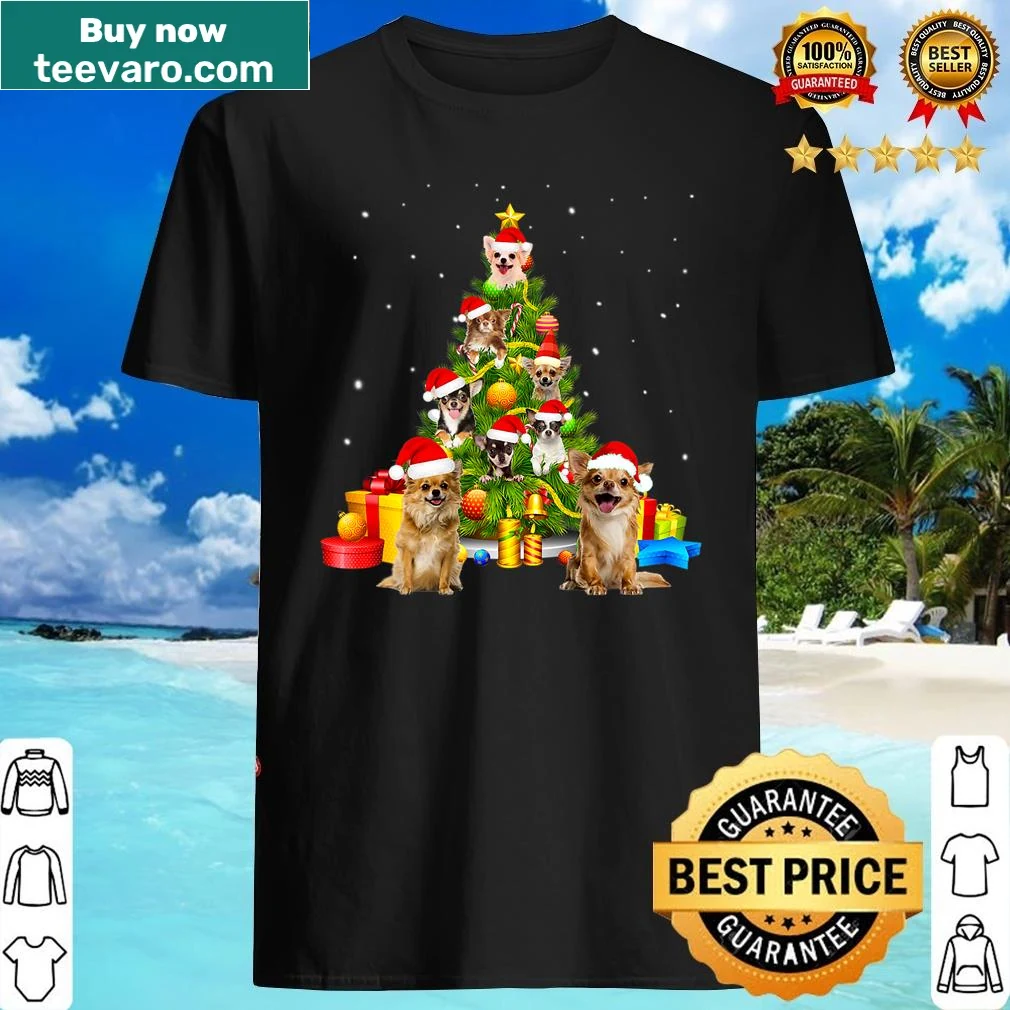 Chihuahua with a Christmas tree design on a festive shirt