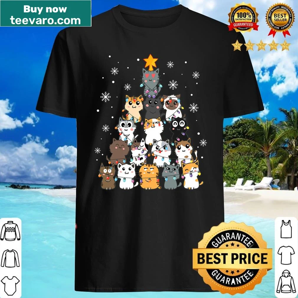 Christmas-themed shirt with a cat and decorated tree design — on a women's shirt
