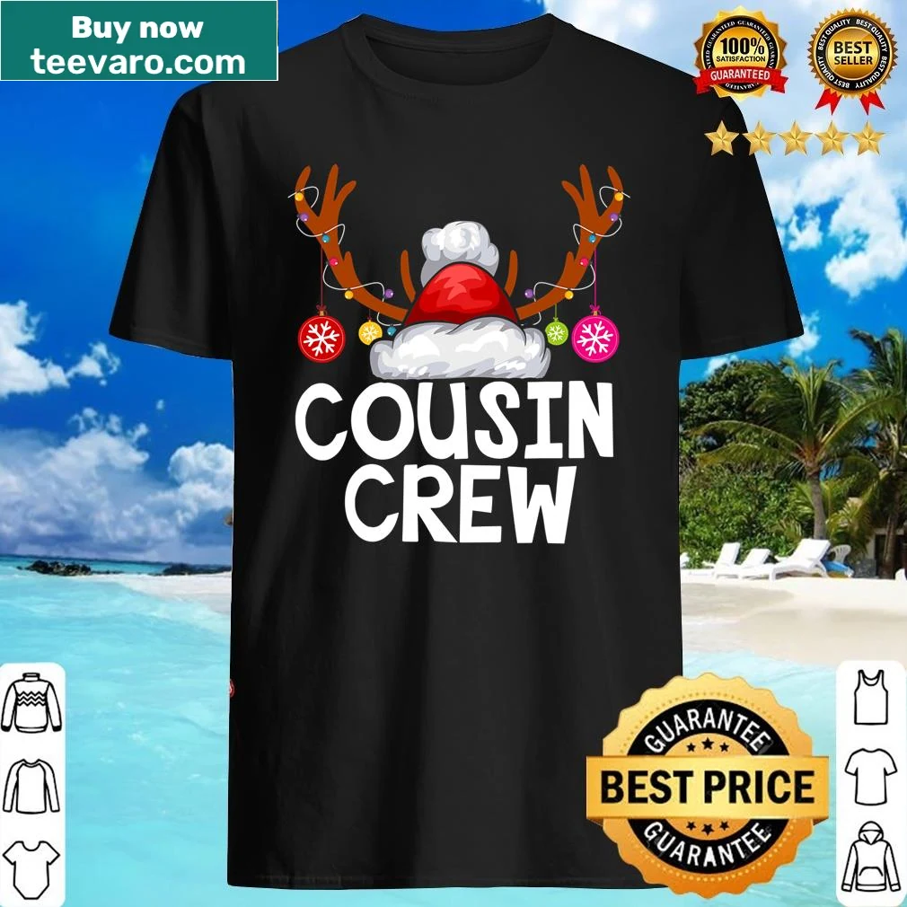 Festive Cousin Crew shirt with Christmas decorations and graphics