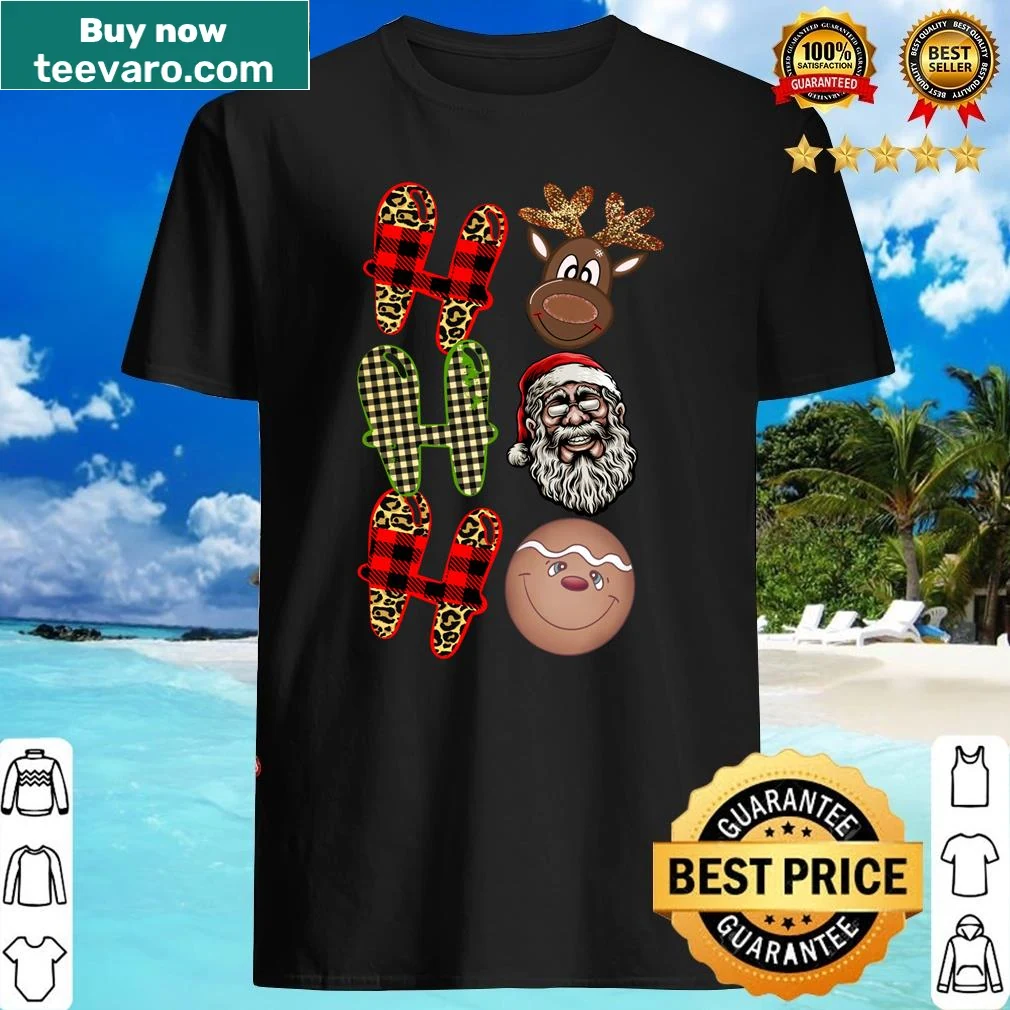 Illustrated Christmas shirt featuring Santa, reindeer, and gingerbread cookies
