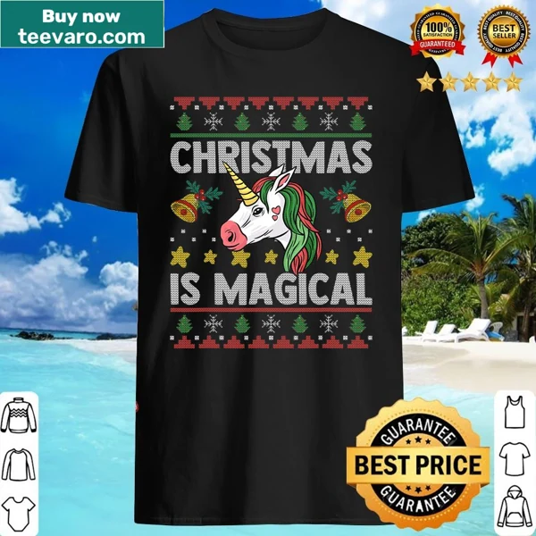 Magical unicorn illustration on a festive Christmas shirt