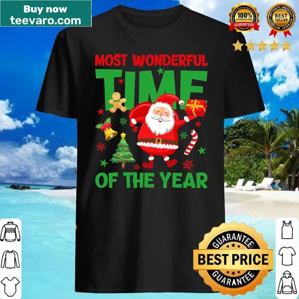 Santa Claus and Christmas tree graphic on a festive shirt