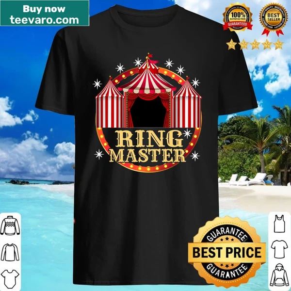 Vintage-style ringmaster shirt with circus stripes and bold design
