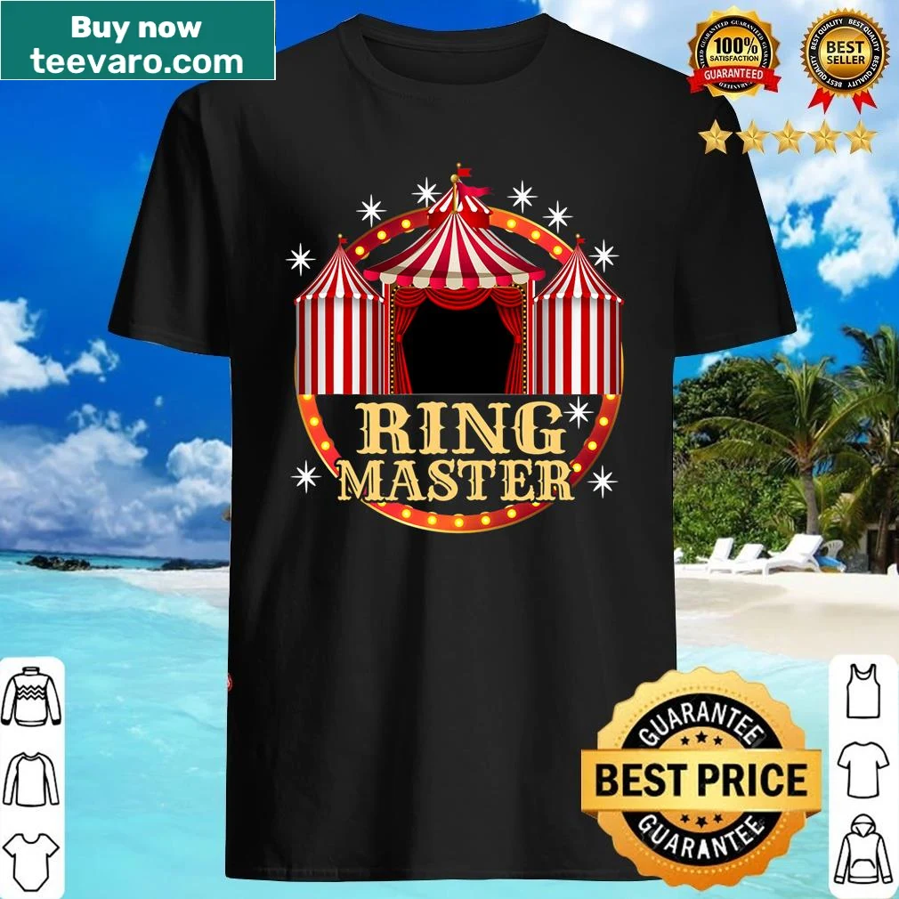 Vintage-style ringmaster shirt with circus stripes and bold design