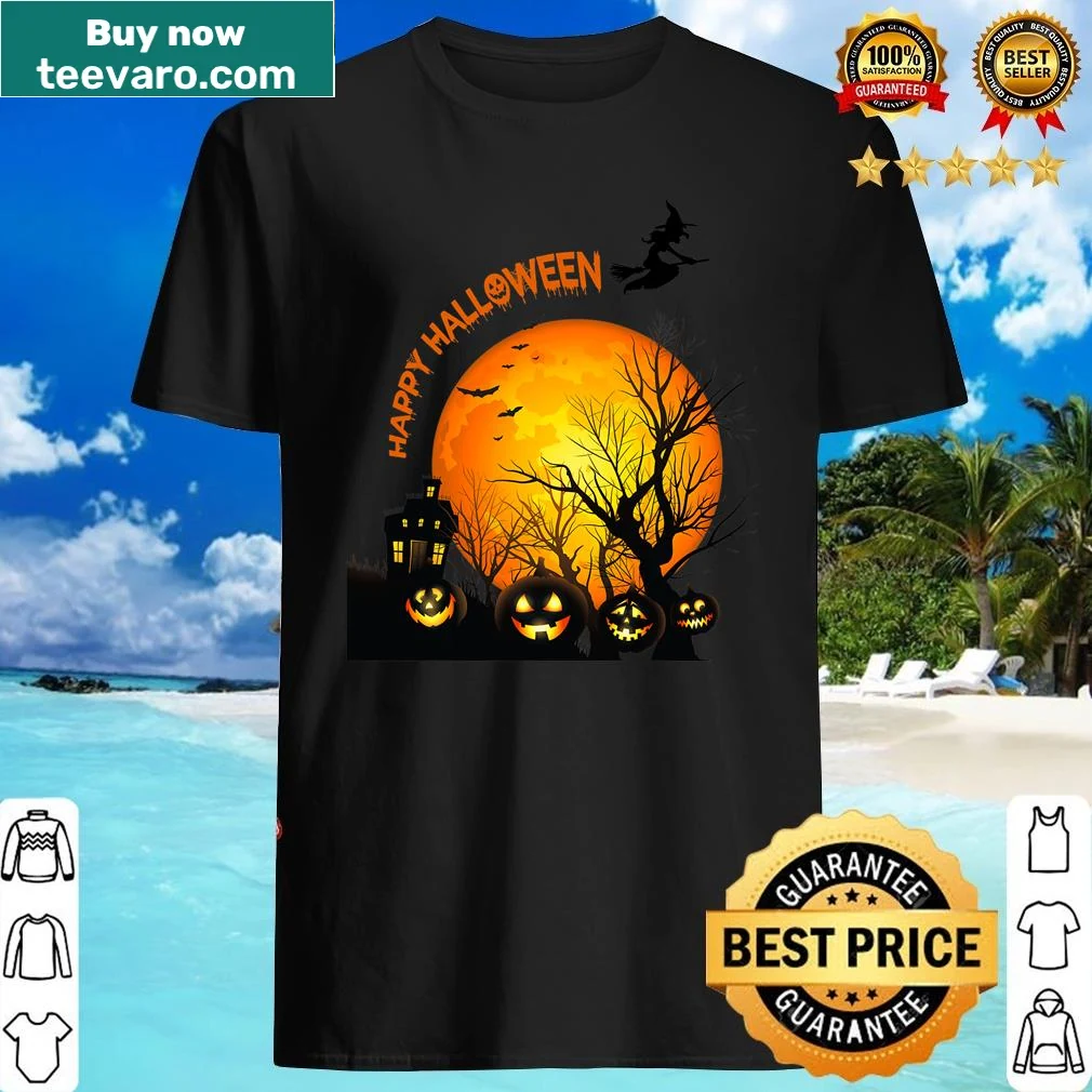 Halloween shirt featuring a witch, spooky house, and flying bats