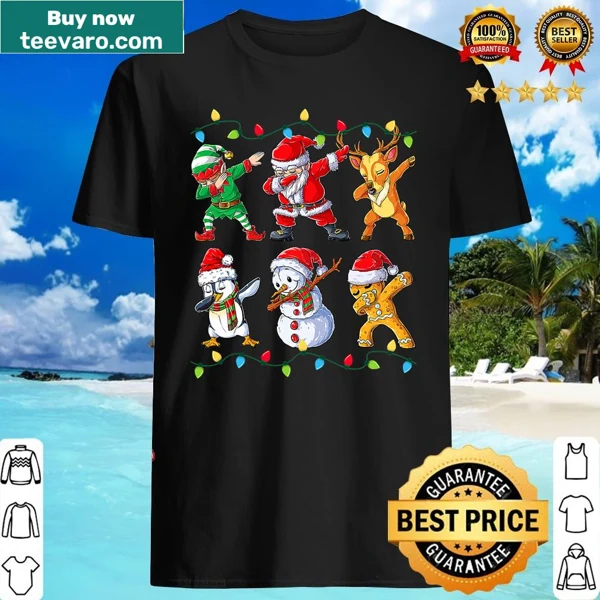 Dabbing Santa and elf cartoon graphic on Christmas shirt
