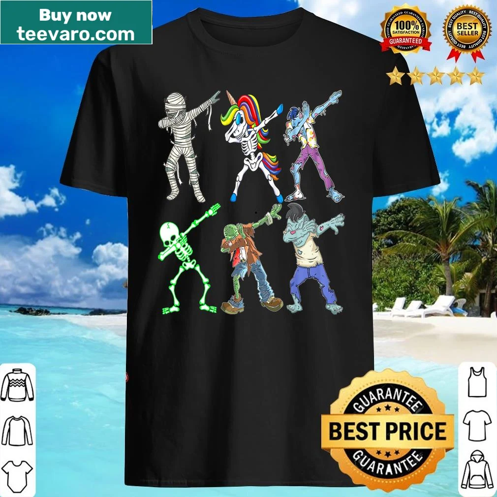 Kids' Halloween shirt with a dabbing skeleton, mummy, and zombie
