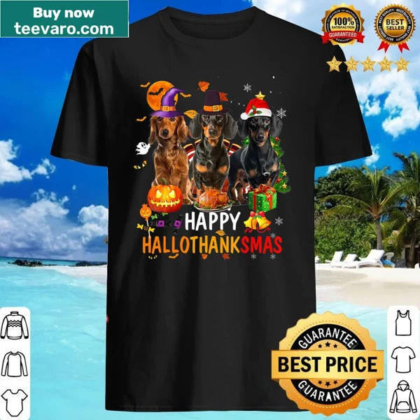 Dachshund shirt celebrating Hallothanksmas with holiday themes