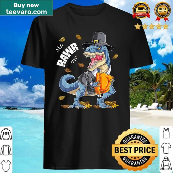 Playful dinosaur graphic on Thanksgiving-themed boys' shirt