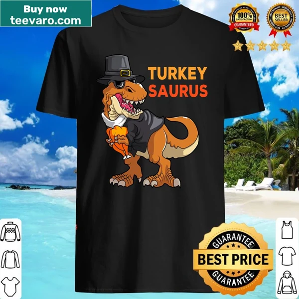T-Rex dinosaur wearing a turkey hat for a kids Thanksgiving shirt