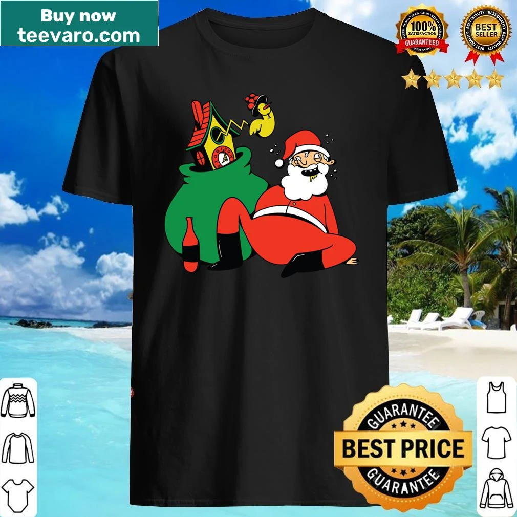 Funny illustration of a drunk Santa Claus on a festive shirt
