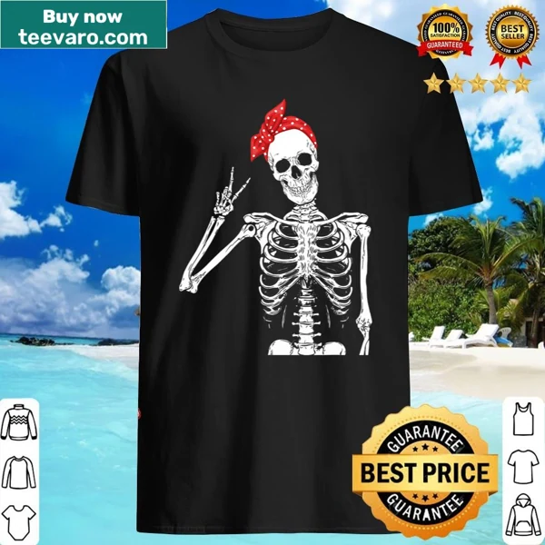 Retro female skeleton shirt with a peace skull design for Halloween