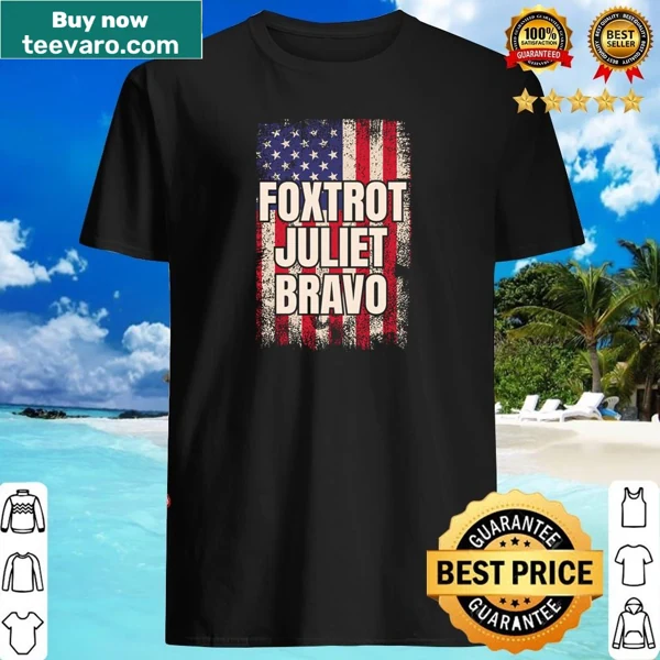 Foxtrot Juliet Bravo typography graphic on shirt