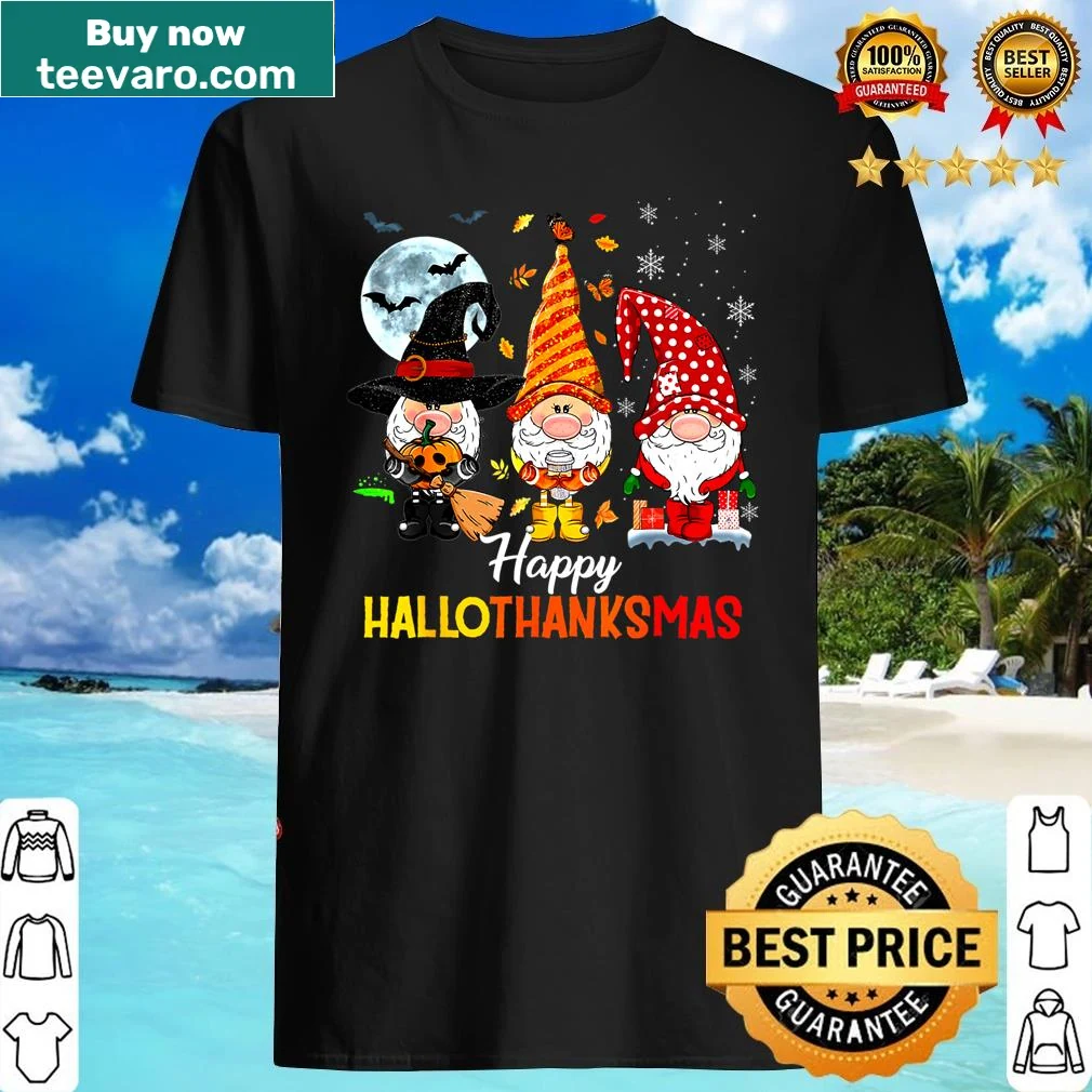 Funny shirt featuring pumpkin gnomes celebrating Thanksgiving and Christmas.